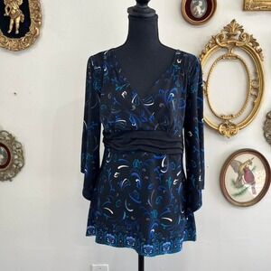 Vintage Y2K J.T.B. Black Blue Floral Wrap Top Size Large Boho Retro Blouse